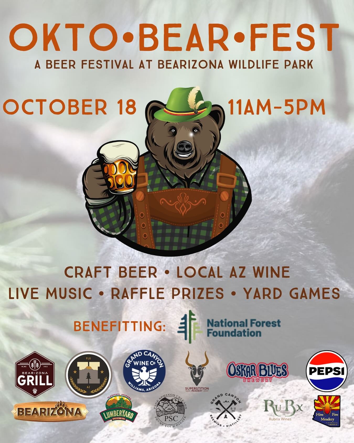 🐻🍻 Okto&bull;BEAR&bull;Fest is back and wilder than ever! 🍻🐻

Sip on local beer, wine &amp; mead, enjoy live music, play games, and hang out with some furry friends &mdash; all while supporting the National Forest Foundation! 🌲

VIPs get in earl